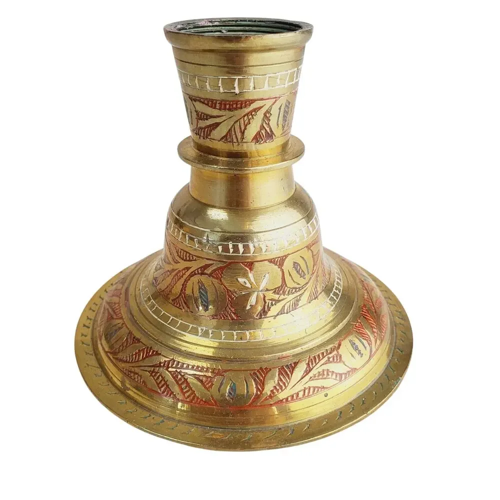 Antique Brass Hookah Base Pot Original Old Hand-Crafted Etched Floral Design Red